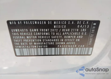 2013 Volkswagen Jetta 2.0L S z USA, uszkodzony, nr VIN 3VW2K7AJ7DM290109